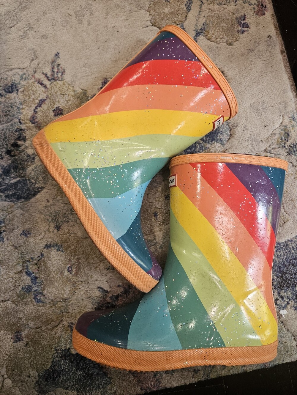 Kids Size 1 Rainbow Stripe Rain Boots - Multicolor HUNTER Excellent Condition